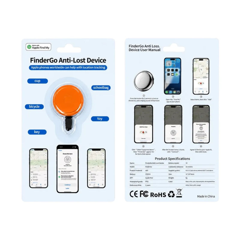 FinderGo Anti-Lost Device Smart GPS Tracker displaying its compact circular design and keyring attachment loop on Spotngrab Lebanon.