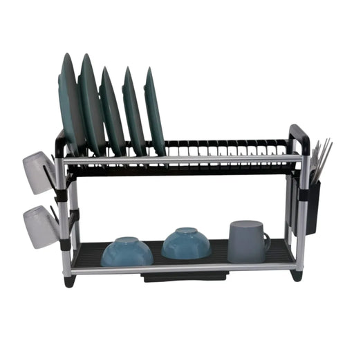 Gebe aluminum 2-tier dish drying rack showcasing its premium silver metal bars, grey side brackets, and full plate slots on Spotngrab Lebanon.