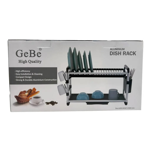 Gebe aluminum 2-tier dish drying rack showcasing its premium silver metal bars, grey side brackets, and full plate slots on Spotngrab Lebanon.