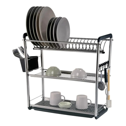 Gebe 3-tier stainless steel dish rack displaying its multi-level vertical shelves, side spoon basket, and glass holder attachment on Spotngrab Lebanon.