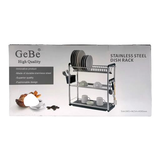 Gebe 3-tier stainless steel dish rack displaying its multi-level vertical shelves, side spoon basket, and glass holder attachment on Spotngrab Lebanon.