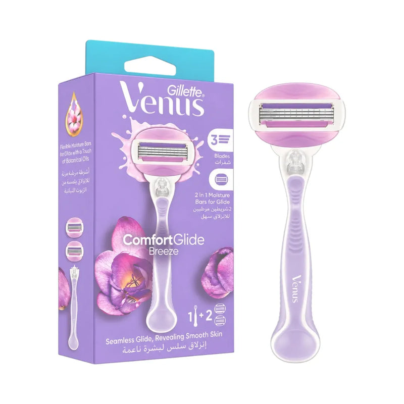 Gillette Venus ComfortGlide Breeze women's razor with purple handle and built-in gel bars on Spotngrab Lebanon.