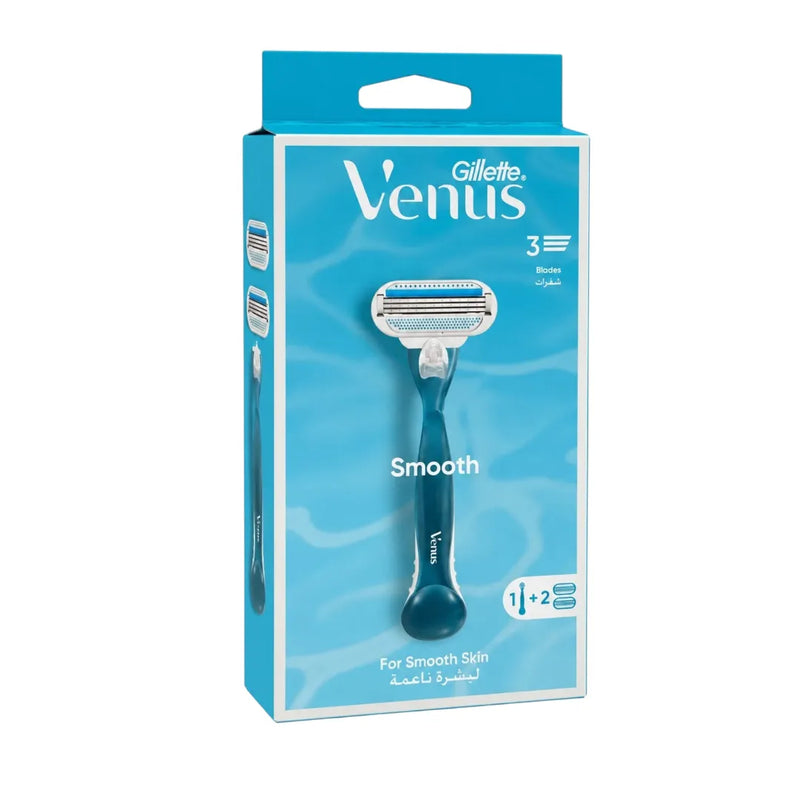 Gillette Venus Smooth women's razor kit with 1 teal handle and 2 refill cartridges on Spotngrab Lebanon.