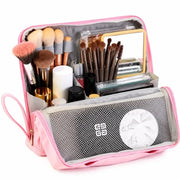 Golden Story standing PU leather organizer bag in pink and beige with top handle and brand patch on Spotngrab Lebanon.