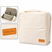 Golden Story standing PU leather organizer bag in pink and beige with top handle and brand patch on Spotngrab Lebanon.