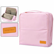 Golden Story standing PU leather organizer bag in pink and beige with top handle and brand patch on Spotngrab Lebanon.