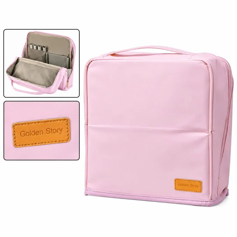 Golden Story standing PU leather organizer bag in pink and beige with top handle and brand patch on Spotngrab Lebanon.