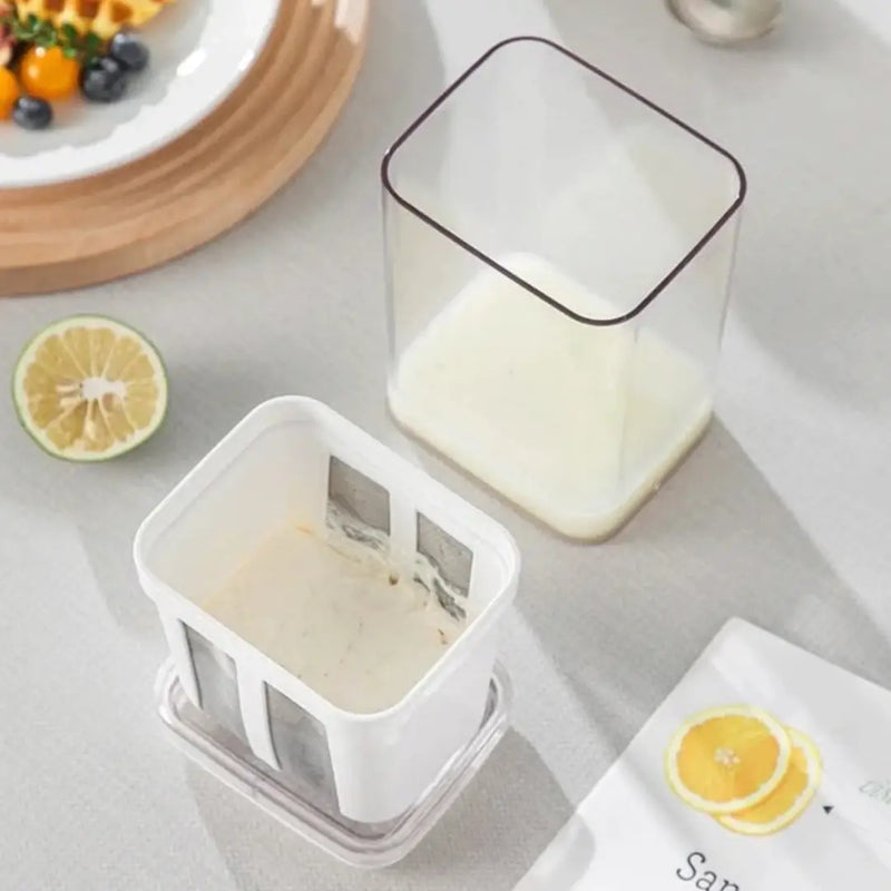 Greek yogurt strainer opened with filter