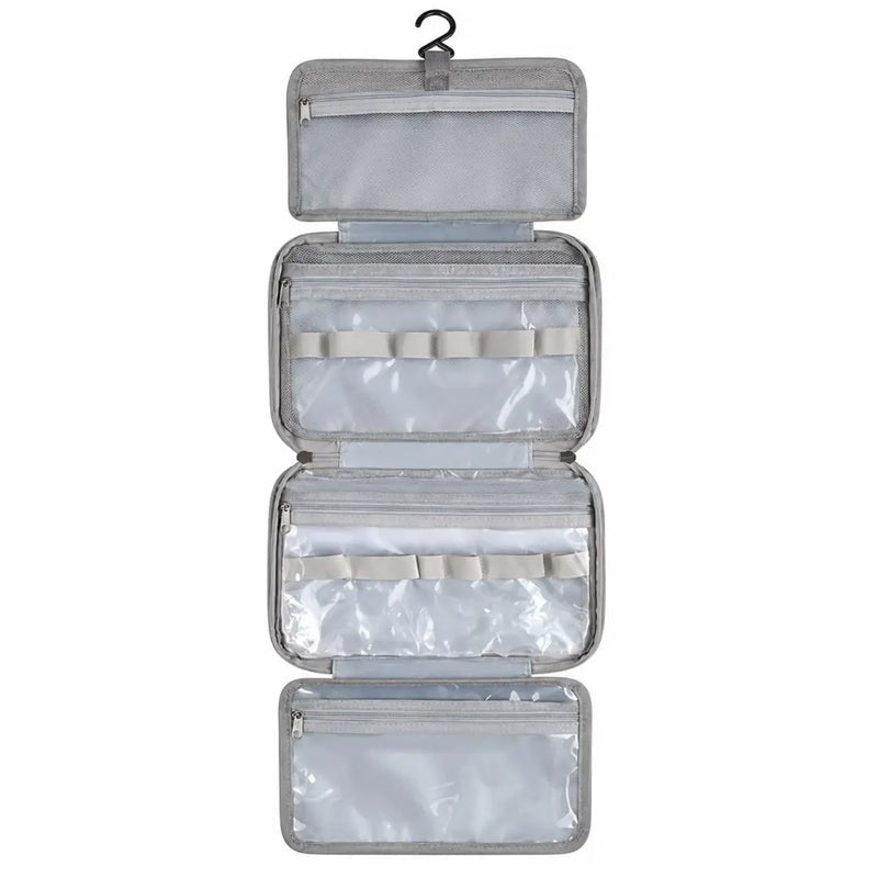 Grey four-layered hanging travel toiletry and cosmetic organizer bag shown open and hung on Spotngrab Lebanon.