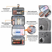 Grey four-layered hanging travel toiletry and cosmetic organizer bag shown open and hung on Spotngrab Lebanon.