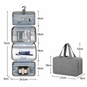 Grey four-layered hanging travel toiletry and cosmetic organizer bag shown open and hung on Spotngrab Lebanon.