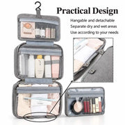 Grey four-layered hanging travel toiletry and cosmetic organizer bag shown open and hung on Spotngrab Lebanon.