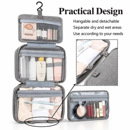 Grey four-layered hanging travel toiletry and cosmetic organizer bag shown open and hung on Spotngrab Lebanon.