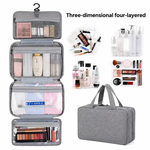 Grey four-layered hanging travel toiletry and cosmetic organizer bag shown open and hung on Spotngrab Lebanon.