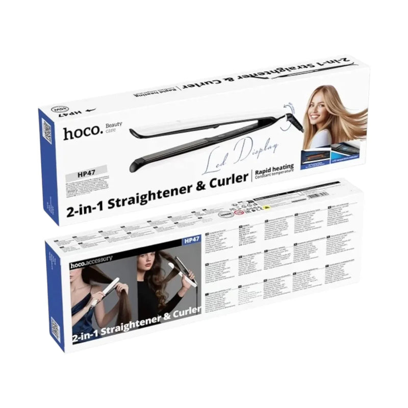Hoco HP47 2-in-1 hair straightener and curler displaying ceramic plates and curved styling barrel on Spotngrab Lebanon.