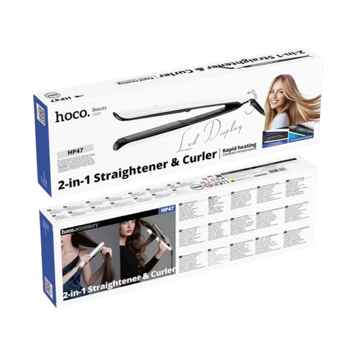 Hoco HP47 2-in-1 hair straightener and curler displaying ceramic plates and curved styling barrel on Spotngrab Lebanon.