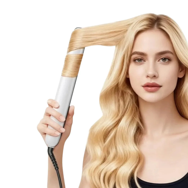 A woman styling her hair into soft beach waves using the Hoco HP47 2-in-1 hair curler and straightener available at Spotngrab Lebanon.