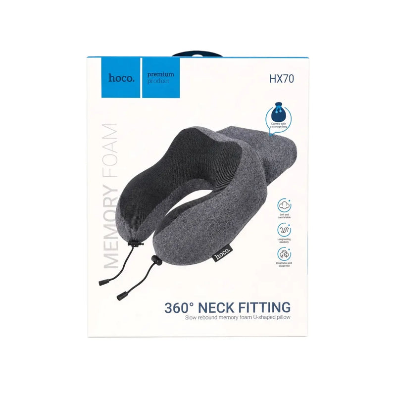 Hoco HX70 U-shaped memory foam travel pillow showing its ergonomic neck contour and front adjustable locking cord on Spotngrab Lebanon.