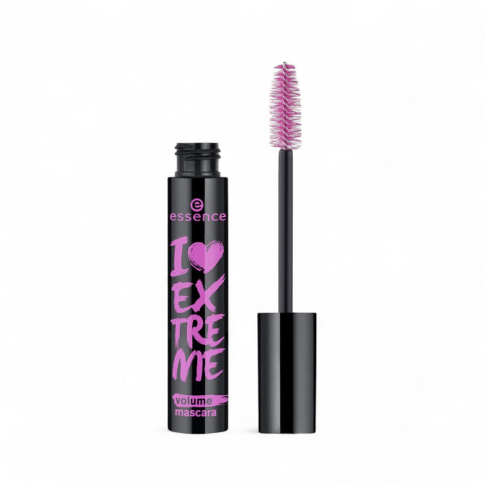 Essence I Love Extreme Volume Mascara – bold pink and black tube with large fiber brush for dramatic lash volume and deep black finish