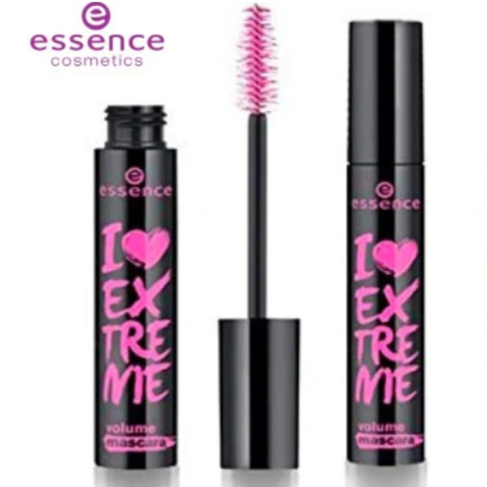 Essence I Love Extreme Volume Mascara – bold pink and black tube with large fiber brush for dramatic lash volume and deep black finish
