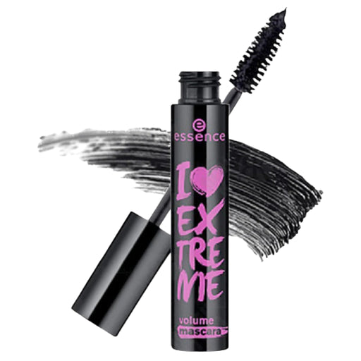 Essence I Love Extreme Volume Mascara – bold pink and black tube with large fiber brush for dramatic lash volume and deep black finish