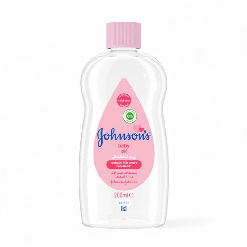 Johnson's Baby Oil 200ml – gentle moisturizing oil in clear bottle with pink cap, ideal for baby massage and dry skin care