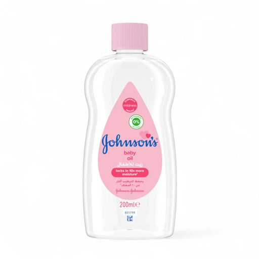Johnson's Baby Oil 200ml – gentle moisturizing oil in clear bottle with pink cap, ideal for baby massage and dry skin care