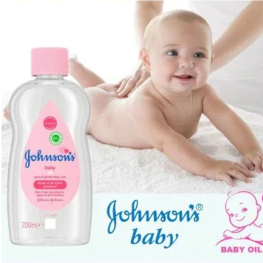 Johnson's Baby Oil 200ml – gentle moisturizing oil in clear bottle with pink cap, ideal for baby massage and dry skin care