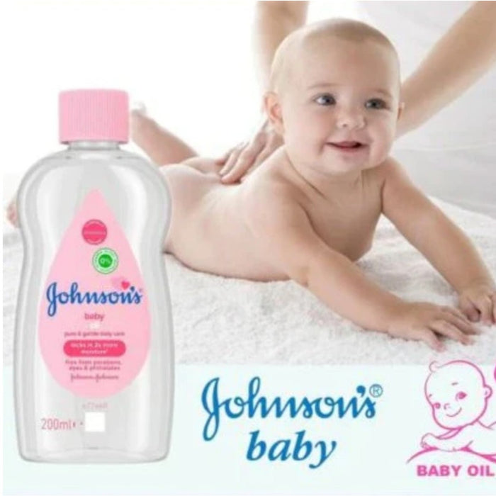 Johnson's Baby Oil 200ml – gentle moisturizing oil in clear bottle with pink cap, ideal for baby massage and dry skin care