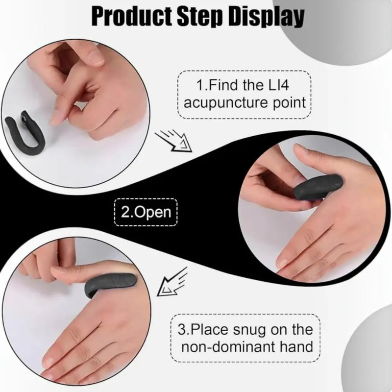 Black U-shaped LI4 acupressure hand clip shown worn on the hand and isolated on Spotngrab Lebanon.