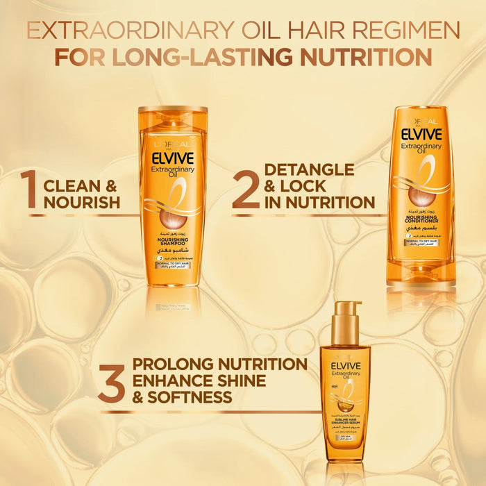 Elvive Extraordinary Oil hair care products with step-by-step instructions 