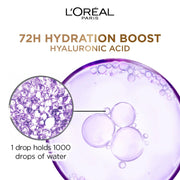 L'Oreal Paris advertisement for 72-hour hydration boost with hyaluronic acid, showing close-up of liquid and bubbles.
