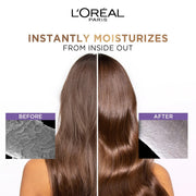 L'Oreal Paris advertisement showing a comparison of dry and moisturized hair with text 'Instantly moisturizes from inside out'.