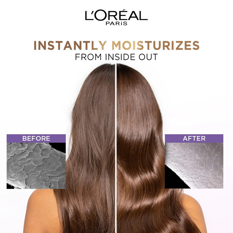 L'Oreal Paris advertisement showing a comparison of dry and moisturized hair with text 'Instantly moisturizes from inside out'.