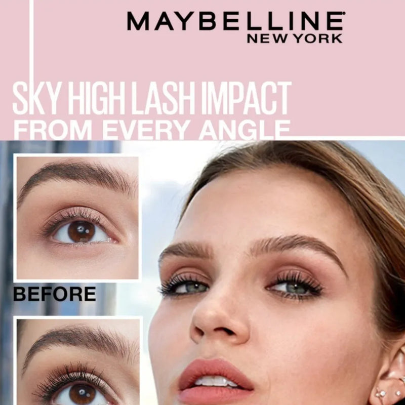 Maybelline New York advertisement showcasing eyelash impact with a woman's face and close-up of eyes.