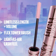 Mascara with brush and cityscape background, featuring text on product features spotngrab