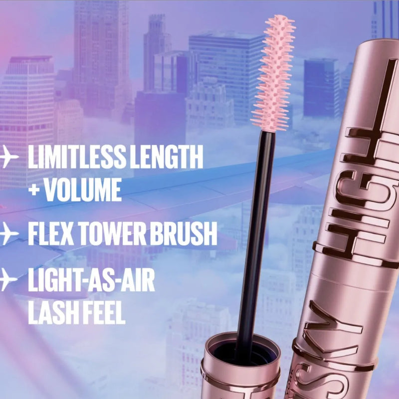 Mascara with brush and cityscape background, featuring text on product features spotngrab