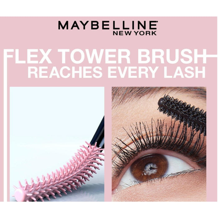 Maybelline New York Flex Tower Brush advertisement with close-up of eye and brush.