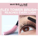 Maybelline New York Flex Tower Brush advertisement with close-up of eye and brush.