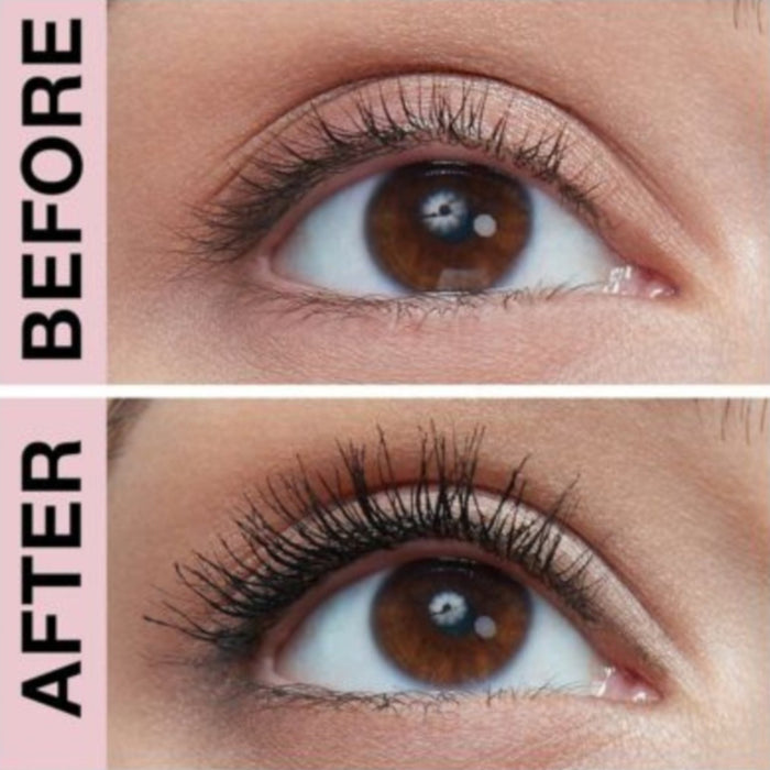 Before and after comparison of an eye with eyelash extensions 