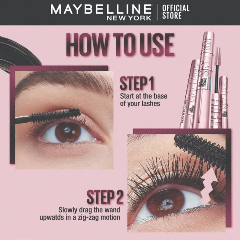 Maybelline New York mascara usage guide with product display on a pink background