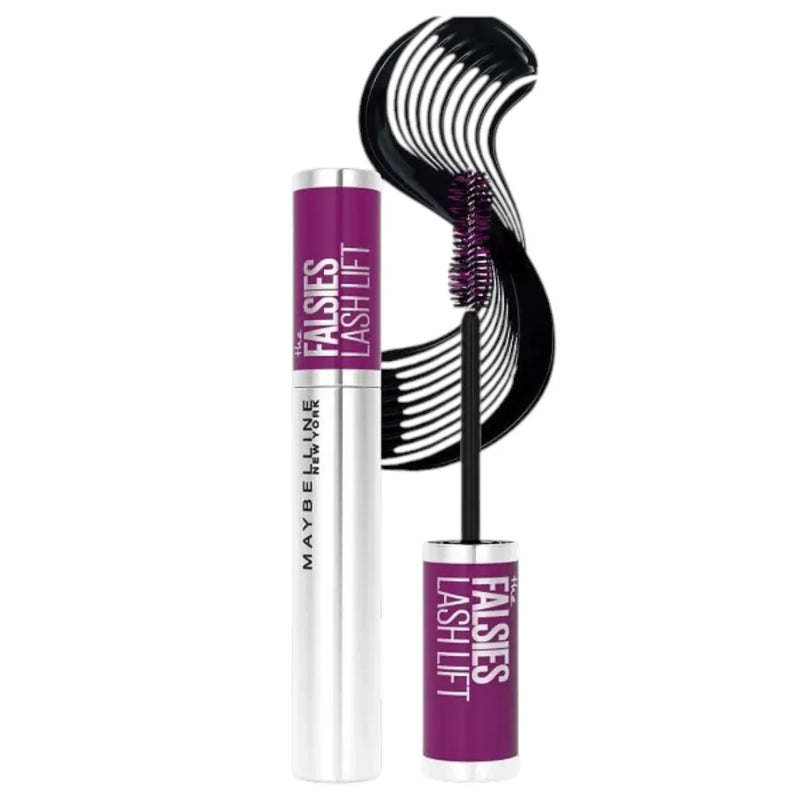 Maybelline The Falsies Lash Lift mascara in silver metallic tube with purple cap and open brush wand on Spotngrab Lebanon.