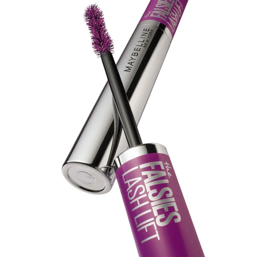 Maybelline The Falsies Lash Lift mascara in silver metallic tube with purple cap and open brush wand on Spotngrab Lebanon.