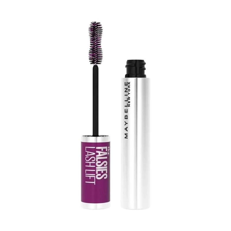Maybelline The Falsies Lash Lift mascara in silver metallic tube with purple cap and open brush wand on Spotngrab Lebanon.
