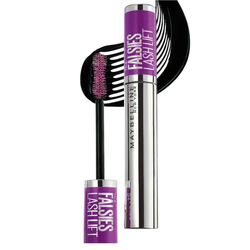 Maybelline The Falsies Lash Lift mascara in silver metallic tube with purple cap and open brush wand on Spotngrab Lebanon.