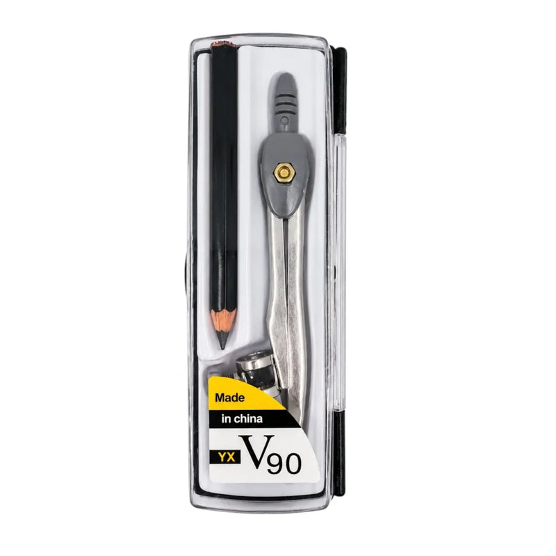 YX V90 metal geometry compass set inside its clear hard plastic case showing the compass and black wooden pencil on Spotngrab Lebanon.