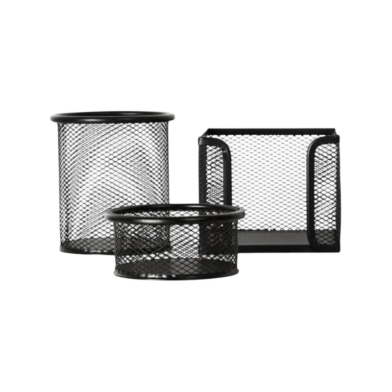 3-piece black metal mesh office desk organizer set showing pen holder, memo pad dispenser, and file sorter on Spotngrab Lebanon.