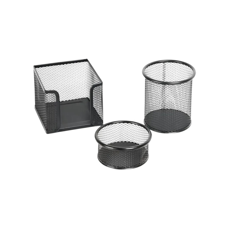3-piece black metal mesh office desk organizer set showing pen holder, memo pad dispenser, and file sorter on Spotngrab Lebanon.