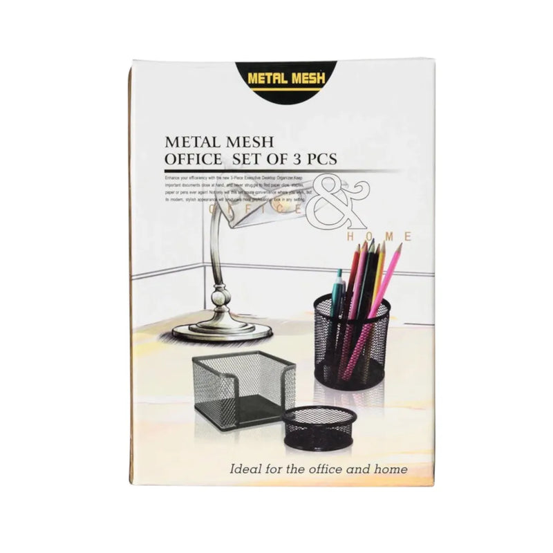 3-piece black metal mesh office desk organizer set showing pen holder, memo pad dispenser, and file sorter on Spotngrab Lebanon.