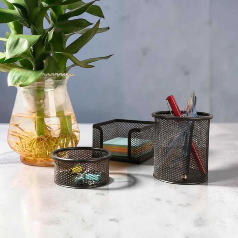 3-piece black metal mesh office desk organizer set showing pen holder, memo pad dispenser, and file sorter on Spotngrab Lebanon.
